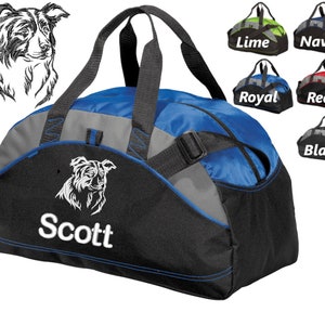 May include: Blue and gray duffel bag with a white embroidered border collie and the name "Scott". The bag has a black zipper and a black strap. The bag is shown against a white background with color swatches for different bag colors.
