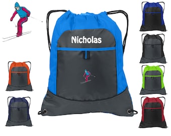 Personalized Kids Cinch Pack Drawstring, Skier Ski Design, Gym School PE Pool Backpack Embroidered Monogrammed Custom Name School Gift