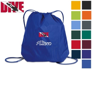 May include: A royal blue drawstring bag with a scuba diving flag and the word "DIVE" embroidered on the front. The bag also has the name "Allison" embroidered on the front.