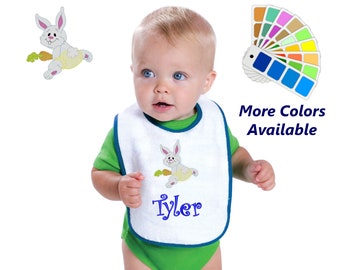 Personalized Baby Bib White Cotton Terry with Contrast Trim Baby Bunny Design for Boy or Girl Embroidered Name