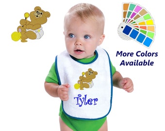 Personalized Baby Bib White Cotton Terry with Contrast Trim Baby Bear Design for Boy or Girl Embroidered Name