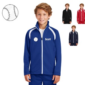 May include: A blue and white youth baseball jacket with a white baseball graphic and the name "Scott" embroidered on the front.