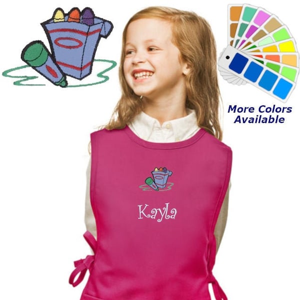 Personalized Kids Art Smock Cobbler Apron with Crayons Embroidery Design, School Art Apron, Custom Kids Art Smock, Student Gift