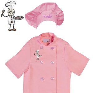 Personalized Kids Pink Chef Coat Jacket with Chef Hat and Stick Chef Design Short Sleeve