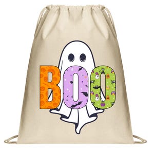 May include: A white canvas drawstring bag with a ghost and the word "BOO" in colorful letters. The letters are decorated with Halloween-themed patterns, including pumpkins, bats, and owls.