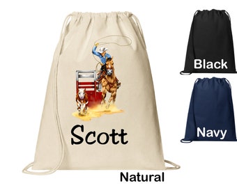 Personalized Cowboy Roping Cow Rodeo Cinch Pack, Drawstring Gym School Pool Backpack, Printed Monogrammed Custom Name, Perfect Gift