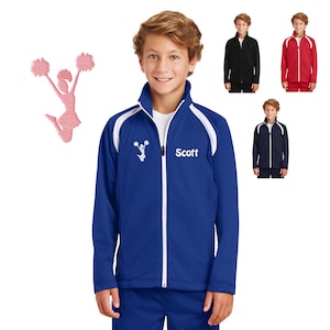 May include: A royal blue youth-sized jacket with white accents and a zipper closure. The jacket has a white cheerleading silhouette and the name "Scott" embroidered on the front.