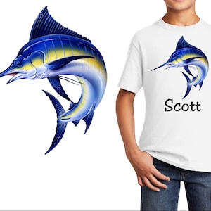 Personalized Kids T-Shirt Blue Marlin Fish Design, Fishing T-Shirt, Cotton, Low Price Inexpensive Tee Shirt, Student Gift, School Gift