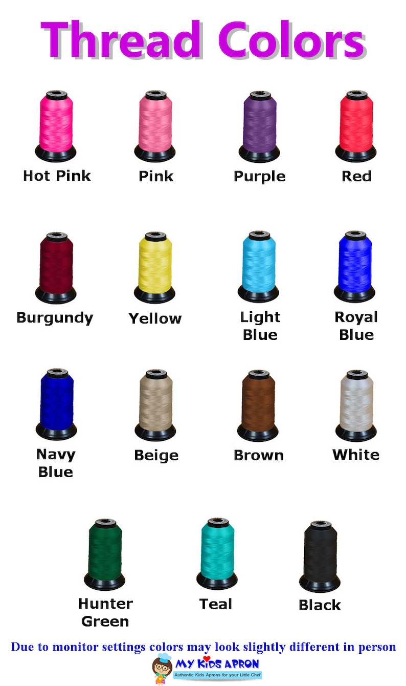 May include: Image showcasing a variety of thread colors, including hot pink, purple, red, burgundy, yellow, light blue, royal blue, navy blue, beige, brown, white, hunter green, teal, and black. The text "Thread Colors" is at the top.