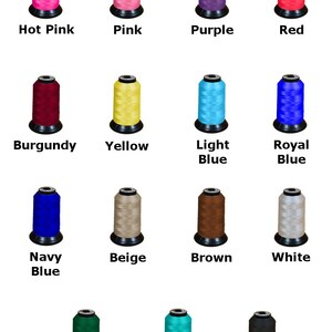 May include: A chart showing 14 different thread colors, including hot pink, pink, purple, red, burgundy, yellow, light blue, royal blue, navy blue, beige, brown, white, hunter green, teal, and black. The text "Thread Colors" is at the top of the chart. The text "Due to monitor settings colors may look slightly different in person" is at the bottom of the chart. The text "MY KIDS APRON" is below the text at the bottom of the chart.