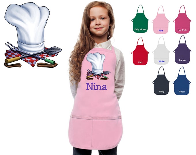 Personalized Kids Apron Chef Hat Grille Design, Monogrammed Chef Gift, Chef Gift, Cooking Party, Art Party, School Aprons, Printed Apron