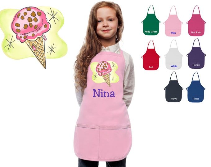 Personalized Kids Apron Watercolor Ice Cream Design, Monogrammed Chef Gift, Cooking Party, Art Party, School Aprons, Printed Apron