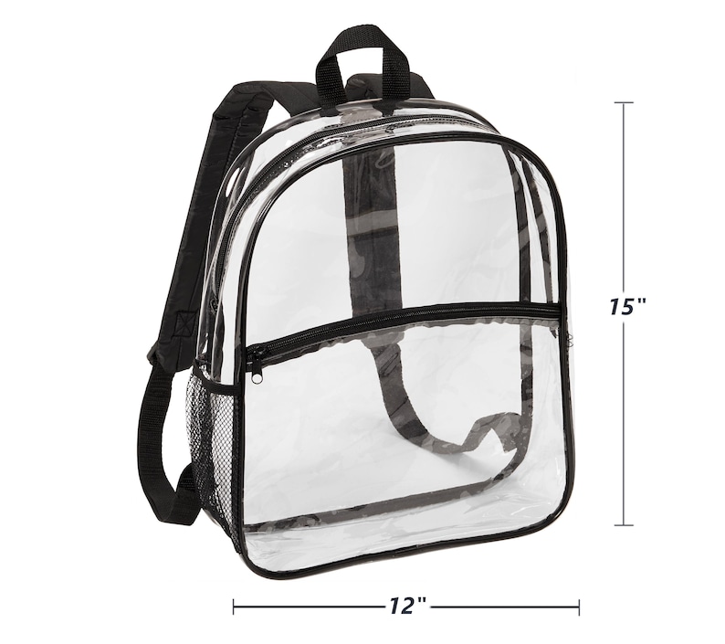 May include: Clear plastic backpack with black straps and a zippered front pocket. The backpack measures 12 inches wide and 15 inches tall.