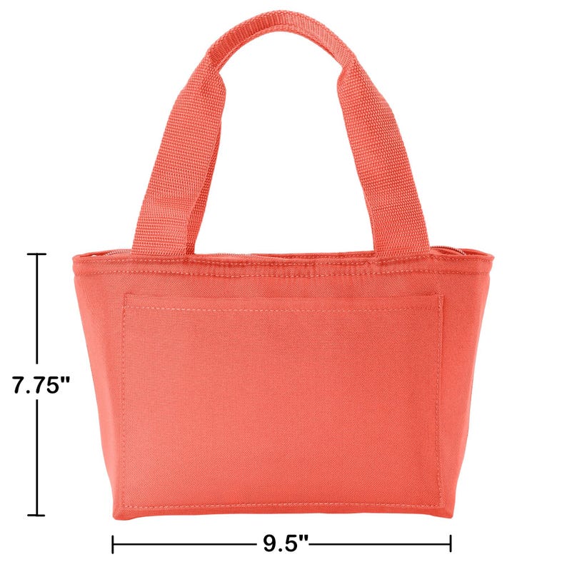 Puede incluir: Bolsa de almuerzo aislada de color coral con dos asas superiores. La bolsa mide 7,75 pulgadas de alto y 9,5 pulgadas de ancho.