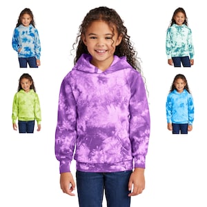 May include: A purple tie-dye hoodie with a white hood and a kangaroo pocket. The hoodie is made of a soft, comfortable material and is perfect for everyday wear.