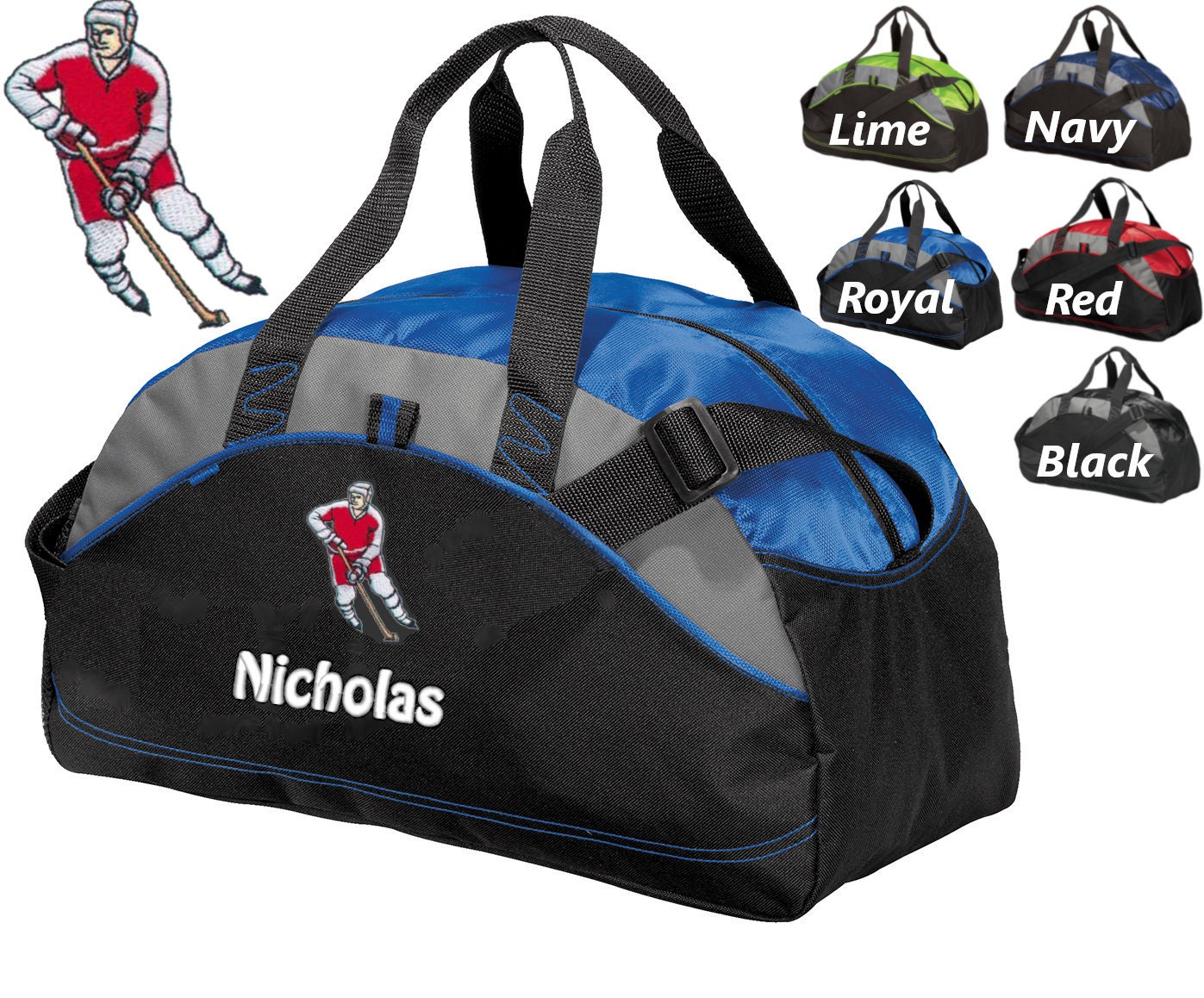 Personalized Kids Duffel Bag, Hockey Player Design, Gym Bag, School Sports, Contrast Stitching, Embroidered Name, Hockey Gift