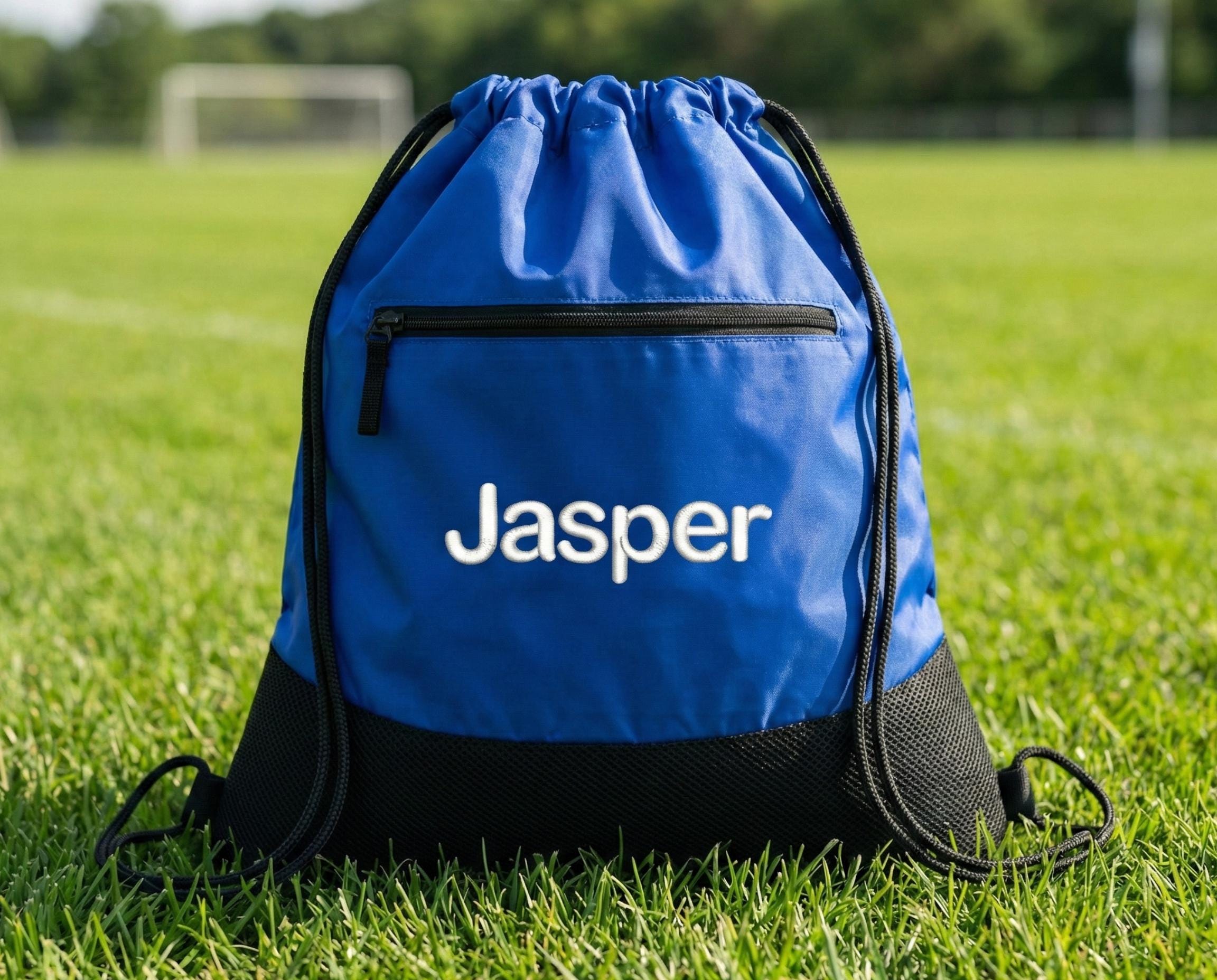 Scout Drawstring Backpack Unisex OS Blue White Geometric Stripe Cinch Bag Pocket Navy Blue Drawstring Backpack for Sale | Upcycled & Eco-Friendly main image 3