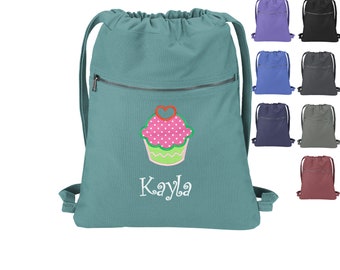 Personalized Beach Wash Cinch Pack with Cupcake, Drawstring Gym School PE Pool Backpack, Embroidered, Monogram Custom Name, Bridesmaid Gift