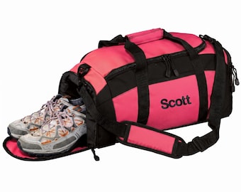 Personalized Pink Duffel Bag, Shoe Pocket, Student School PE, Quality Bag, Workout, Lined Sports Bag, College Athlete Gift, Embroidered Name