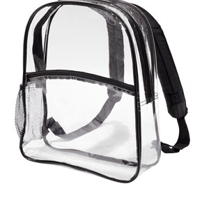 May include: Clear plastic backpack with black straps and a mesh pocket. The backpack is designed for clear bag policies.