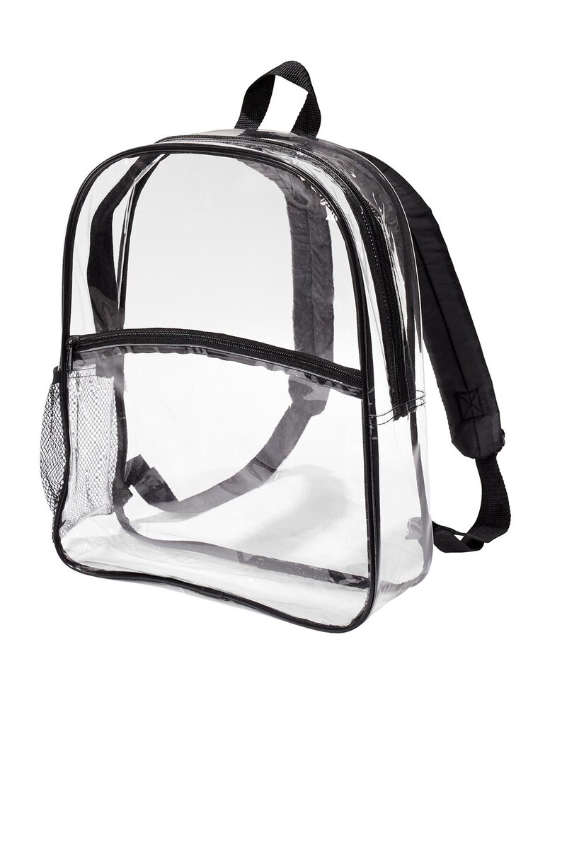May include: Clear plastic backpack with black straps and a mesh pocket. The backpack is designed for clear bag policies.