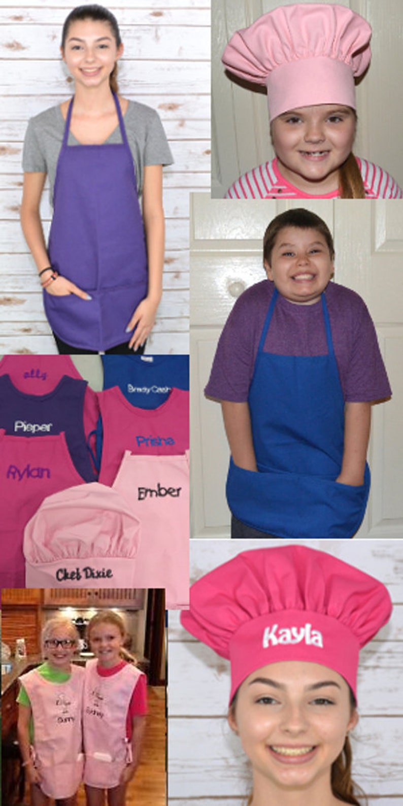 May include: A collection of aprons and chef hats in various colors. The aprons are purple, pink, and blue, with personalized names embroidered on some. The chef hats are pink and white, with names like "Kayla" and "Chef Dixie" on them.