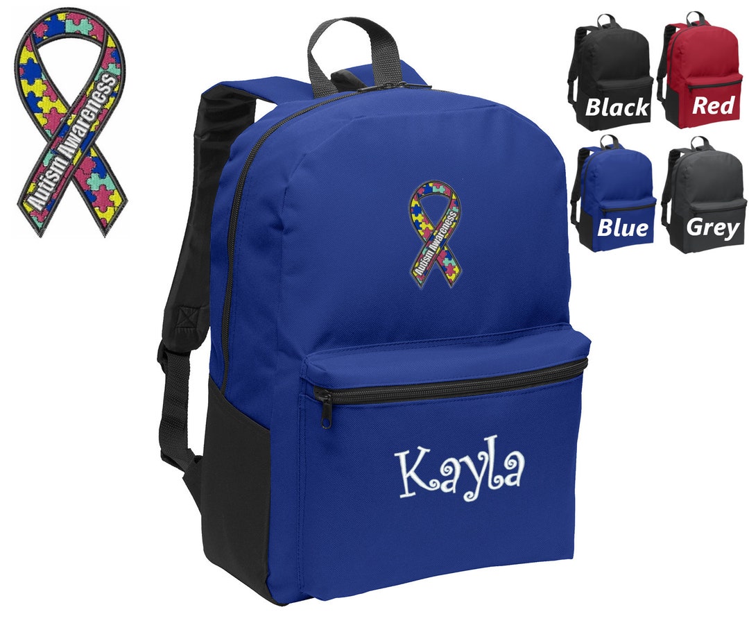 Personalized Kids Backpack Embroidered Autism Awareness Ribbon Monogrammed With Name of Your