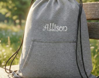 Personalized Cinch Pack, Sweatshirt Fleece, Drawstring Gym School PE Pool Backpack, Embroidered Monogrammed Custom Name, Kids School Gift