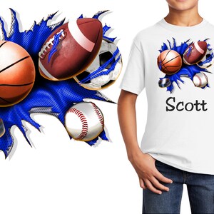 Personalized Kids All Sports T-Shirt Soccer Football Basketball Baseball Hockey Design, Colorful, Cotton, Low Price Tee Shirt, Student Gift