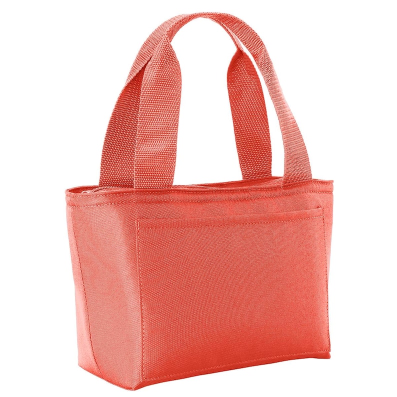 Puede incluir: Una bolsa de mano de color coral con dos asas de tela. La bolsa tiene una cremallera y un peque&ntilde;o bolsillo en la parte delantera.