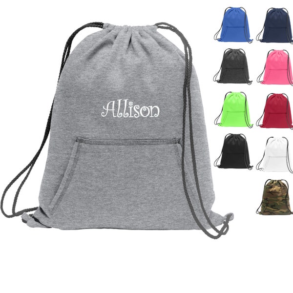 Personalized Cinch Pack, Sweatshirt Fleece, Drawstring Gym School PE Pool Backpack, Embroidered Monogrammed Custom Name, Kids School Gift