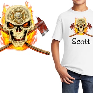 Personalized Kids T-Shirt Firefighter Flaming Skull Design, T-Shirt, Colorful, Cotton, Low Price Inexpensive Tee Shirt, Student School Gift