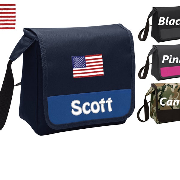 Personalized American Flag Lunch Bag Box Cooler, Polyester Canvas Fabric, Insulated Embroidered School Work Sports Monogrammed Custom Name
