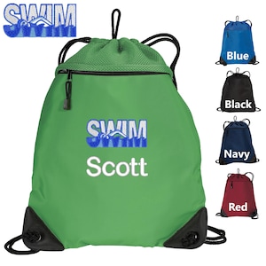 May include: Green drawstring bag with a zippered pocket and a black mesh top. The bag has a white embroidered design that says "SWIM" with a swimmer and waves, and "Scott".