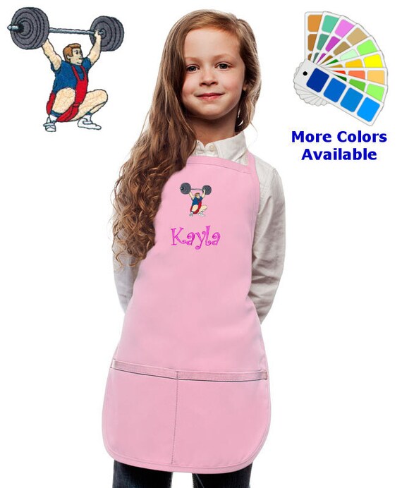 School Gift Kitchen Cook Gift Sports Gift Personalized Kids Apron with Weight Lifter Embroidery Design Monogrammed Cooking Party