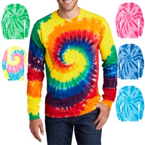 May include: A long-sleeved shirt with a colorful tie-dye pattern in shades of yellow, orange, red, blue, and purple. The shirt has a classic crew neck and long sleeves.