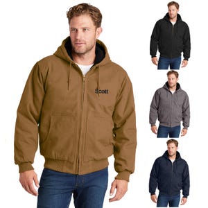 May include: A brown hooded work jacket with a black zipper and a black embroidered logo that says "Scott".