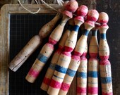 French Skittles, Set of 8, Bowling Pins, Wooden Hand Painted, Childs Room, Shabby Nursery Country Home Decor, Folk Art, Faded Red Blue Paint