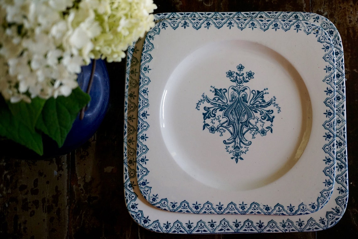 Antique French Plates 2 Square Salins Faience Jeanne d Arc Etsy