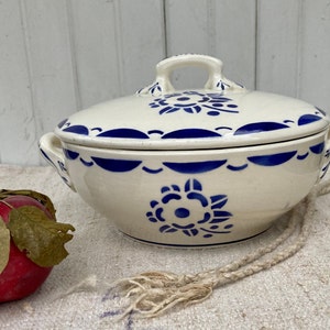 French Classic 50s Soupier Tureen + Lid, Longwy Francoise Serving Dish, White Ironstone + Blue, Mid Century Country Decor, Farmhouse Kitchen