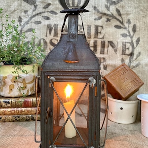 French Antique Candle Lantern, Aged Patina, Rustic Farmhouse, Primitive Lamp, Rural Door Lantern, Collectible French Folk Art,Excellent Cond