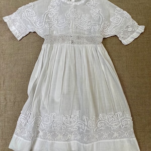 Exquisite Antique Christening Baptism Gown Dress, White Embroidery Hand Sewn Soutache, Crocheted Roses, Heirloom Baby Clothes,Good Condition