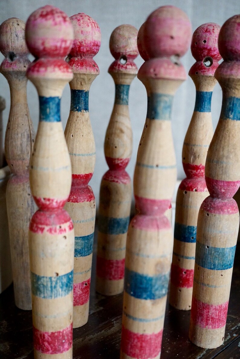 French Skittles Set of 8 Bowling Pins Wooden Hand Painted Etsy India