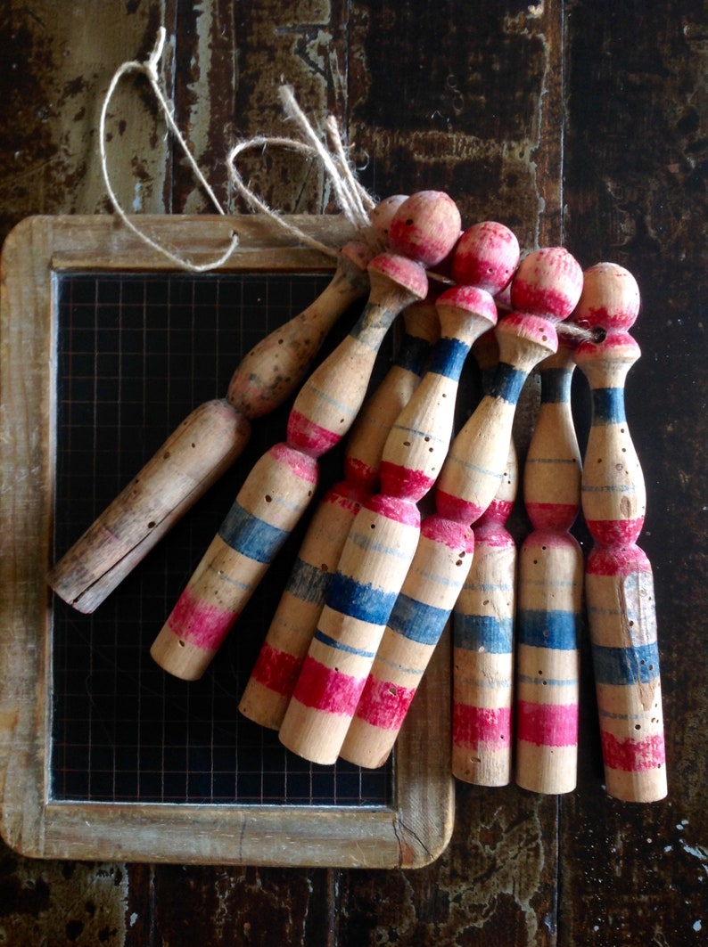 French Skittles Set of 8 Bowling Pins Wooden Hand Painted Etsy