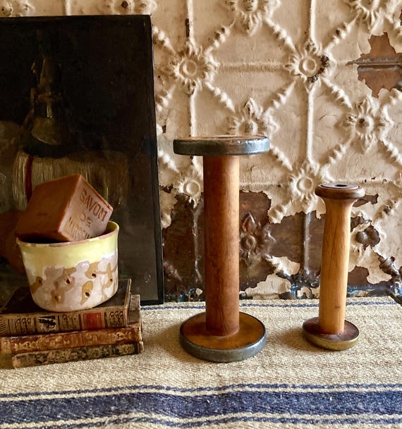 Vintage French Wooden Spools, 1900's Bobbins, Textile Factory Tools, Antique Weaving Mill, Cotton Linen Spinning, Aged Patina, Brass Detail