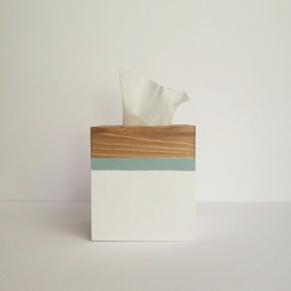 Tissue box cover, Tissue box holder, Square tissue box holder, Wooden Tissue box, Coastal tissue box, White and blue decor, office decor