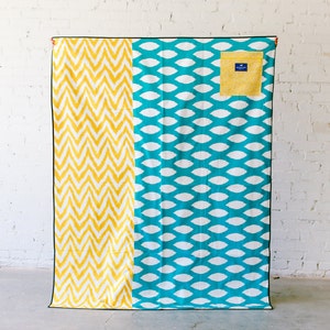 Large Boho Waterproof Picnic Blanket or Play Mat | Capri (Aqua and Yellow)