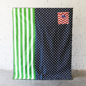 Large Waterproof Picnic Blanket |  Beach Blanket |  Play Mat | Blue Polka Dot & Green Stripe  |  Shower Gift