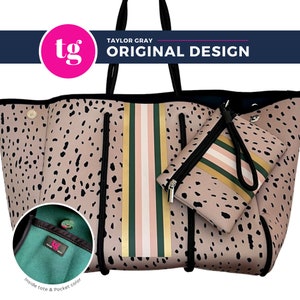 Neoprene large tote, Beach bag, Gym bag, Tennis, Exclusive, Vinyl Stripe, Pocket, Wristlet, Washable, Neoprene Bag