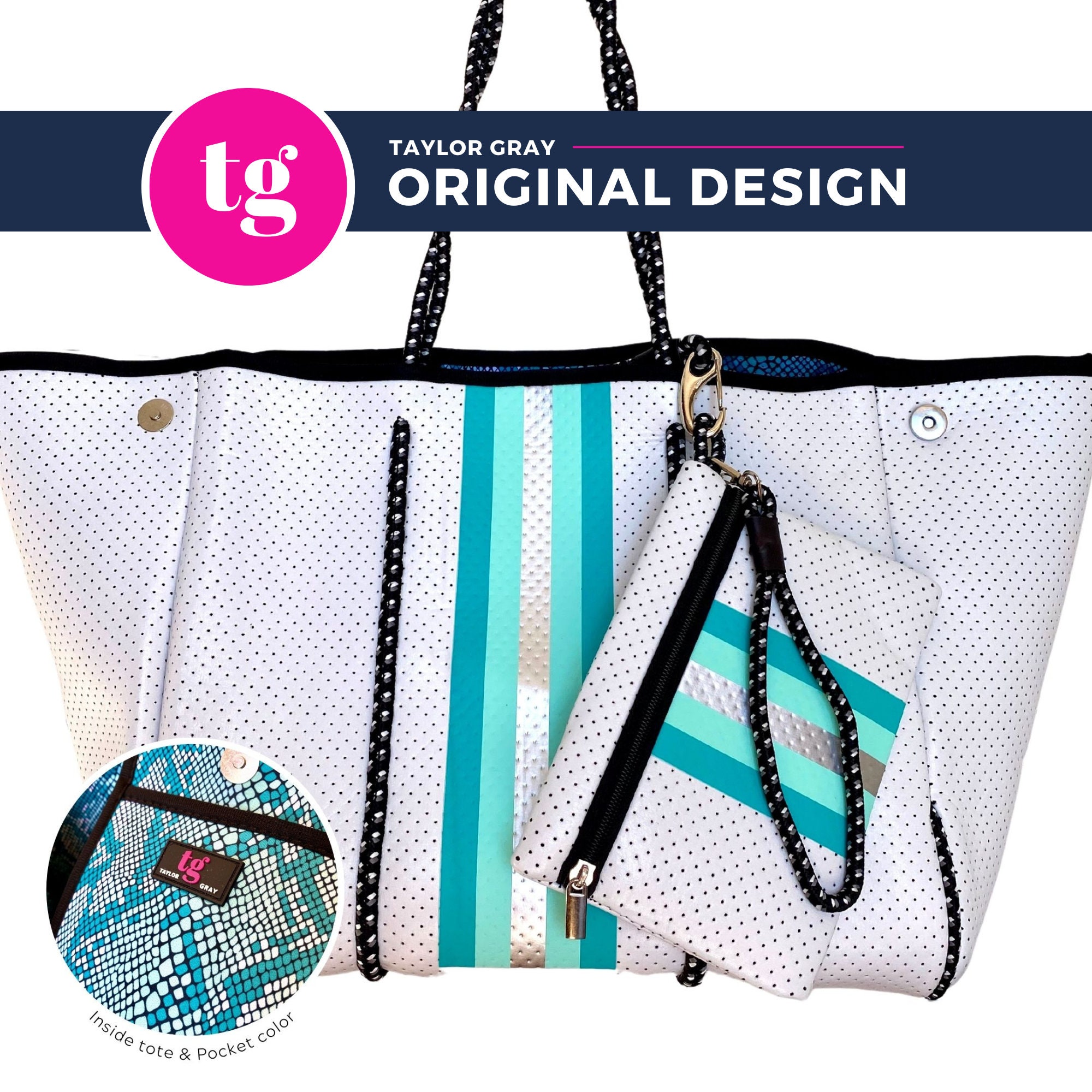 Neoprene large tote, Beach bag, Gym bag, Tennis, Exclusive, Vinyl Stripe, Pocket, Wristlet, Washable, Neoprene Bag